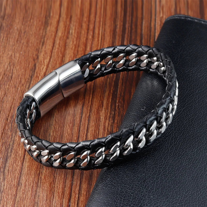 Pulseira Masculina de Couro e Aço Inox Trançada