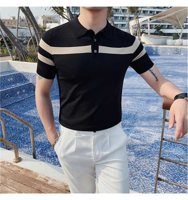 Camisa Polo Masculina de Seda Gelada Tricotada