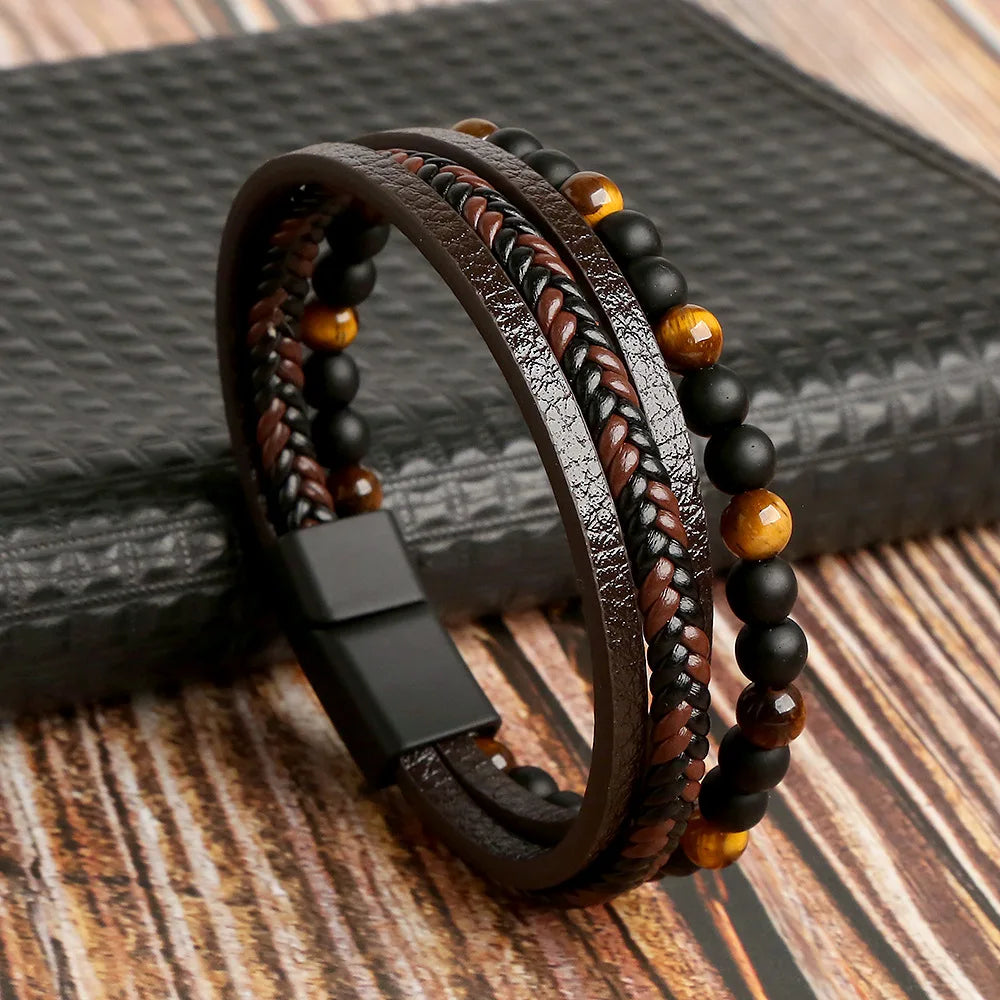 Pulseira de Couro Masculina Multicamadas